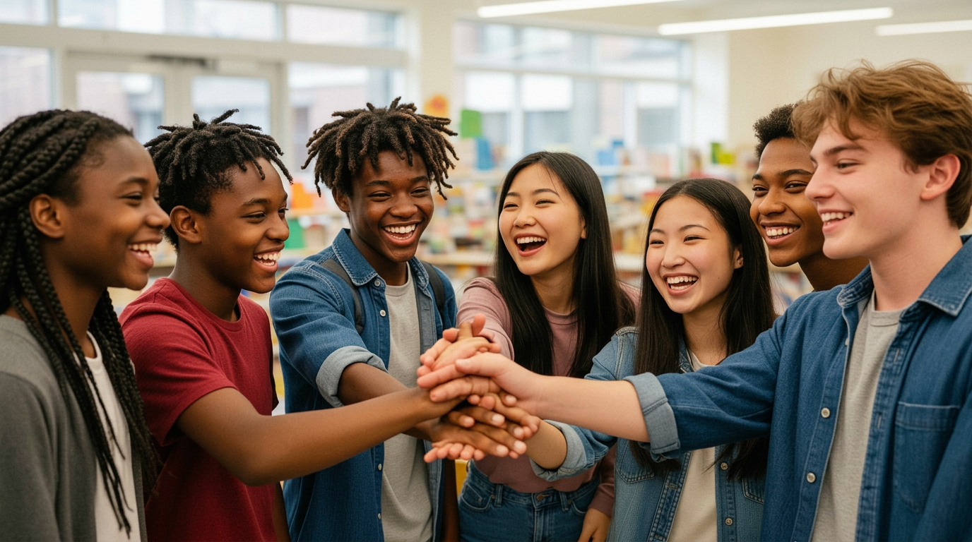 A diverse group of youth — mostly Black, plus East Asian and white friends — laughing and high-fiving together at a One Community Hub gathering
